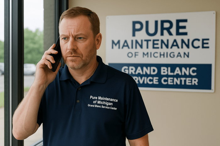 Middle-aged man in a navy blue Pure Maintenance of Michigan Grand Blanc Service Center shirt talks on the phone with a serious expression, standing near a window and company sign.