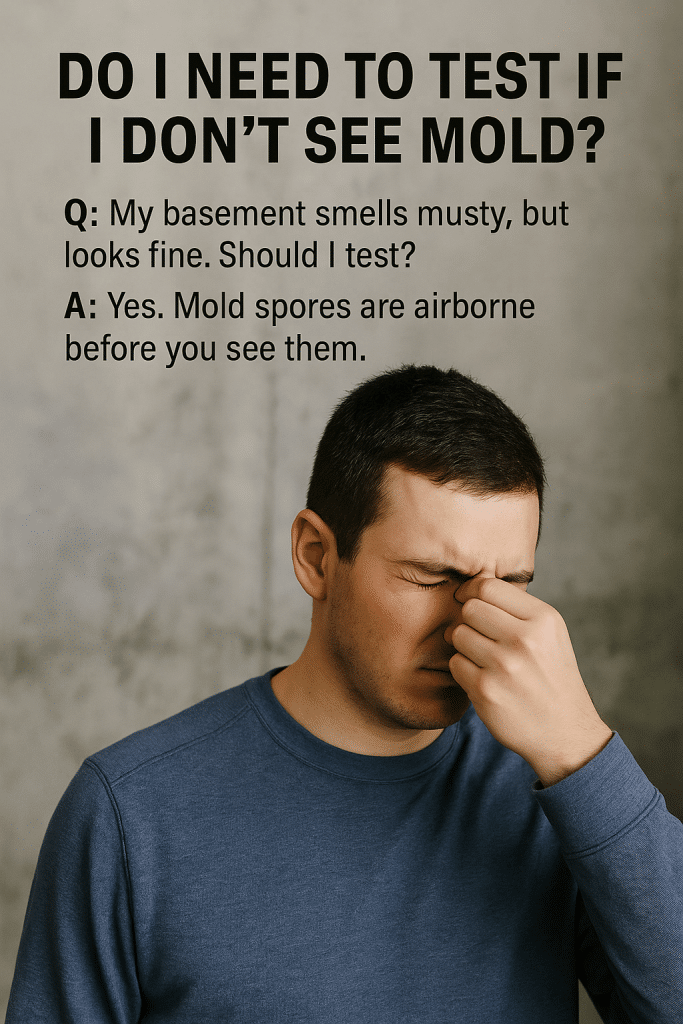 Schedule a Fast, Low-Cost Mold Test and Inspection in Grand Blanc This Michigan resident pinches his nose in a musty basement while text on the image reads, “Do I Need to Test If I Don’t See Mold? Q: My basement smells musty, but looks fine. Should I test? A: Yes. Mold spores are airborne before you see them.” The image highlights the importance of mold testing services near me for detecting hidden mold problems.