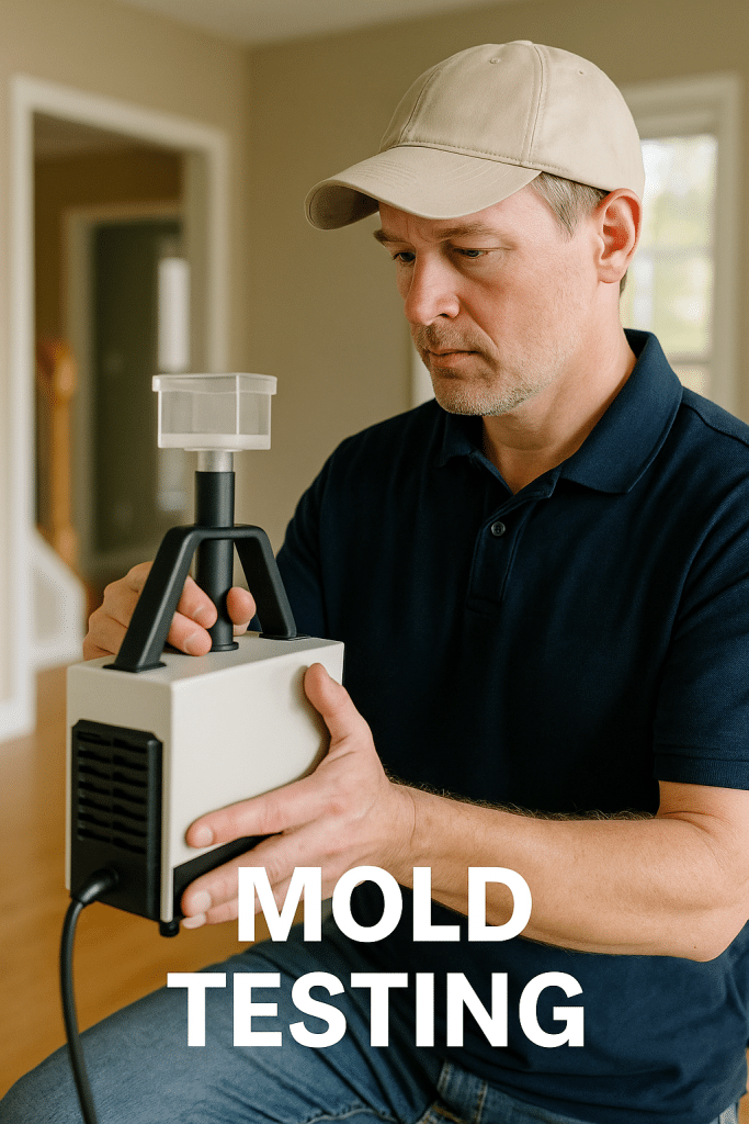 Arrange a Quick, Affordable Mold Inspection with Pure Maintenance Technician in a beige cap and navy shirt using an air sampling device to perform mold testing inside a residential home in Grand Blanc, Michigan.