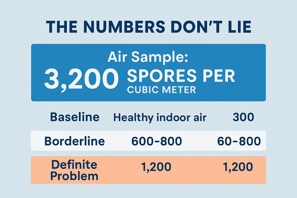 Schedule a fast, low-cost mold test and inspection. The Numbers Don’t Lie When we tested this basement, the air sample showed 3,200 spores per cubic meter of Aspergillus and Penicillium. For context: 300 = baseline healthy indoor air. 600–800 = borderline. 1,200+ = definite problem. So 3,200 spores? That’s far beyond safe levels.