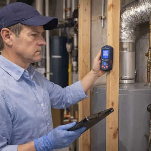 Schedule a fast low cost mold test and inspection Technician in a basement utility room uses a handheld moisture meter and a tablet near a water heater and pipes.
