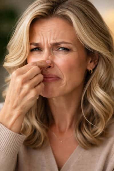 Woman pinching her nose with a disgusted expression, reacting to a strong musty smell from a musty smell in her basement