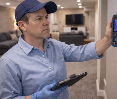 Musty smell? Check for mold before it becomes a saga. Mold inspector wearing gloves uses a handheld moisture meter and a tablet while checking a basement wall.