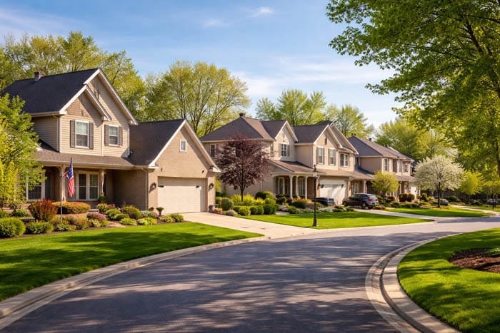 Musty smell in your basement? Get it fixed today! Typical suburban neighborhood in Davison, Michigan with well-kept homes, green lawns, and mature trees on a sunny day.