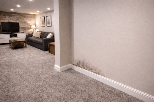 Finished basement corner showing a small amount of mold near the baseboard, a common source of a musty smell identified during a mold test.
