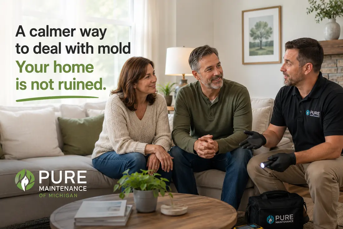 Pure Maintenance mold inspection consultation reassuring Rochester Hills homeowners that mold remediation is manageable.