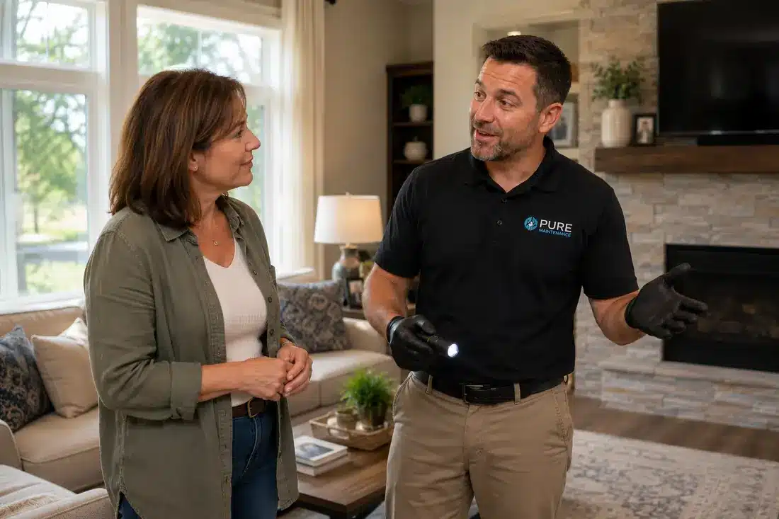 Pure Maintenance mold specialist Gil speaking with Rochester Hills homeowner Emily about mold inspection, testing and remediation.